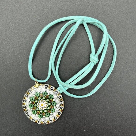 Millefiori Glass Pendant on Teal Cord Necklace 26" Long 1.5" Across White Green - Picture 3 of 5